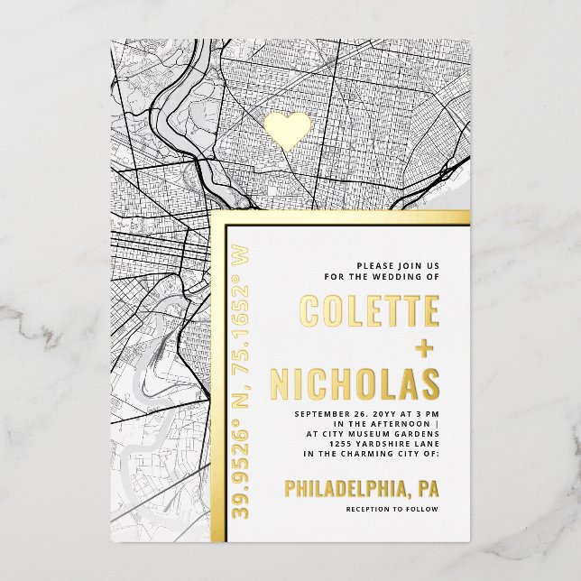 Philadelphia Liebe Locator | Städtische Hochzeit Folieneinladung (Vorderseite)
