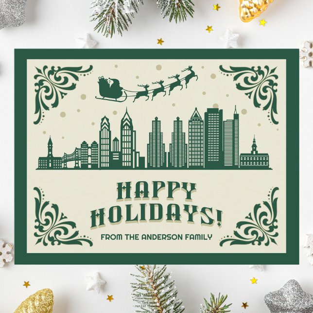 Philadelphia PA Skyline Happy Holidays Carte posta (Happy Holidays Philadelphia, PA skyline cityscape christmas postcard customizable real estate Santa )