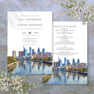 Philadelphia Skyline Aquarell All-in-One-Hochzeit Einladung
