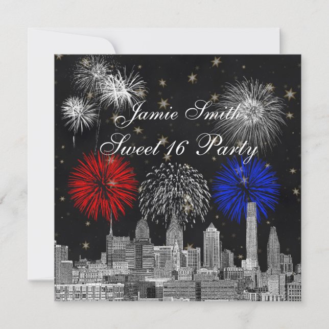 Philadelphia Skyline Black Gold Star Sweet 16 FW Einladung (Vorderseite)
