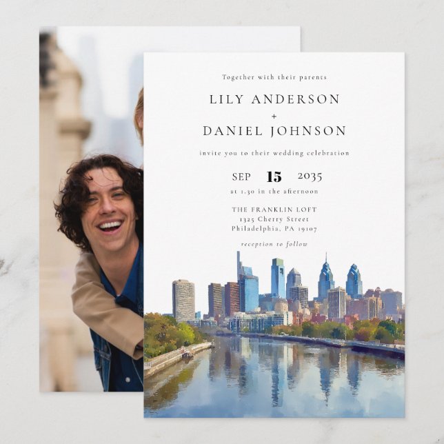 Philadelphia Skyline Destination Photo Wedding Einladung (Vorne/Hinten)