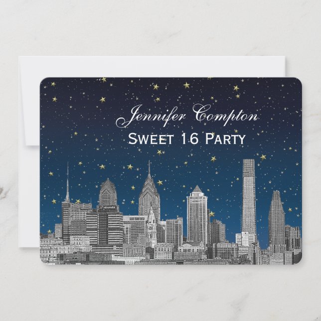 Philadelphia Skyline Etch Blue Starry Sweet 16 H Einladung (Vorderseite)