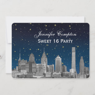 Philadelphia Skyline Etch Blue Starry Sweet 16 H Einladung