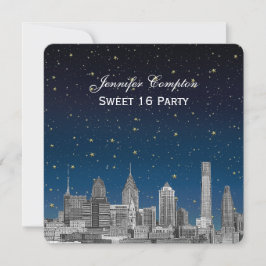 Philadelphia Skyline Etch Blue Starry Sweet 16 H Einladung