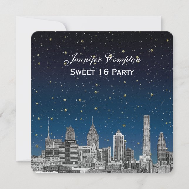Philadelphia Skyline Etch Blue Starry Sweet 16 H Einladung (Vorderseite)