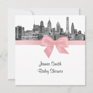 Philadelphia Skyline Etch BW Pink Baby Dusche Einladung