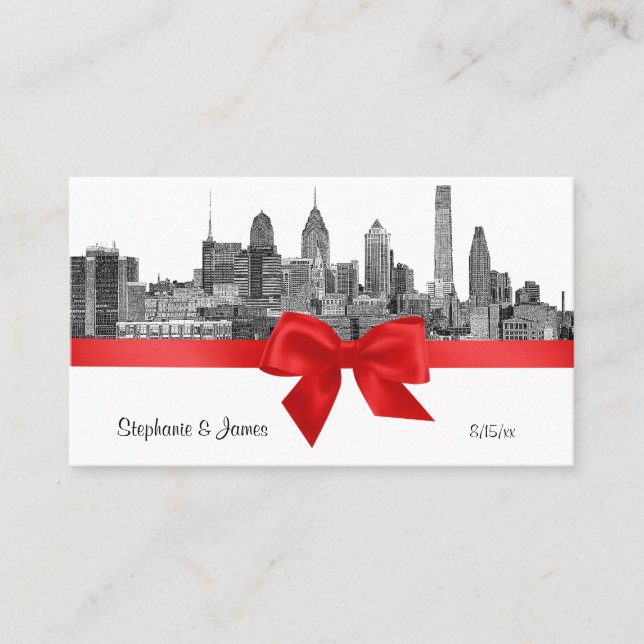 Philadelphia Skyline Etch BW Red Escort Cards Platzkarte (Vorderseite)