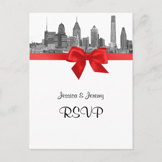 Philadelphia Skyline Etch BW Red UAWG 1 Einladungspostkarte (Vorderseite)