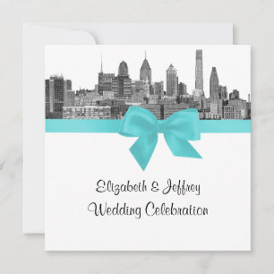 Philadelphia Skyline Etch BW Robin Egg Blu Wedding Einladung