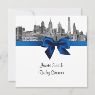 Philadelphia Skyline Etch BW Royal Blu Baby Dusche Einladung