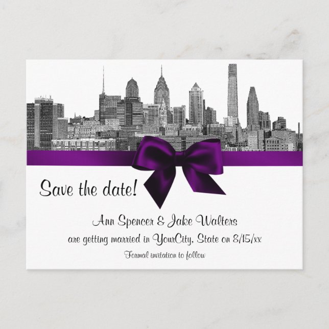 Philadelphia Skyline Etch BW Save the Date Lila Ankündigungspostkarte (Vorderseite)