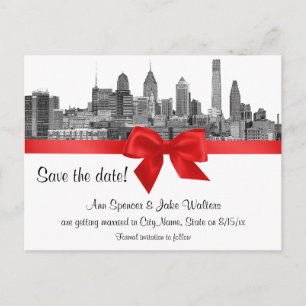 Philadelphia Skyline Etch BW Save the Date rot Ankündigungspostkarte
