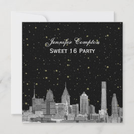 Philadelphia Skyline Etch Starry DIY SQ Sweet 16 Einladung