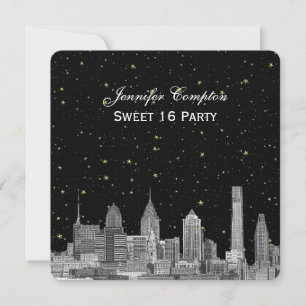 Philadelphia Skyline Etch Starry DIY SQ Sweet 16 Einladung