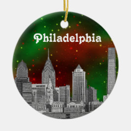 Philadelphia Skyline Green Red Starry Sky Xmas Keramikornament