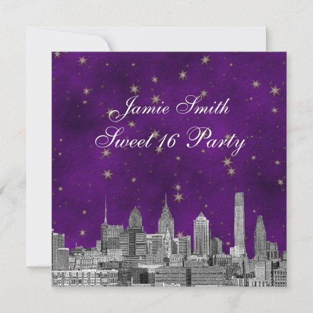 Philadelphia Skyline Lila Gold Star Sweet 16 Einladung (Vorderseite)