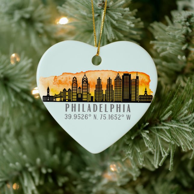Philadelphia Skyline Map Koordiniert Personalisier Keramik Ornament (Baum)