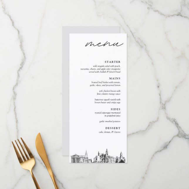 Philadelphia Skyline Mariage Diner Menu (Devant/Arrière en situation)
