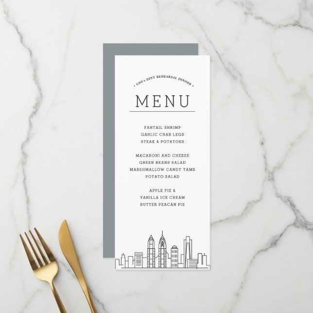Philadelphia Skyline | Menü für Hochzeiten Menükarte (Vorderseite/Rückseite Beispiel)