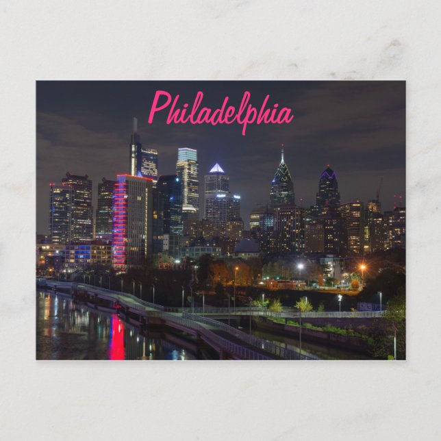 Philadelphia-Skyline nachts Postkarte (Vorderseite)