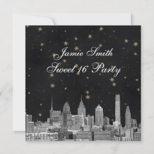 Philadelphia Skyline Schwarz Gold Stern Sweet 16 Einladung