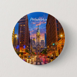 Philadelphia, USA - Rathaus Twilight Skyline Button