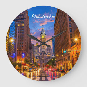 Philadelphia, USA - Rathaus Twilight Skyline Große Wanduhr