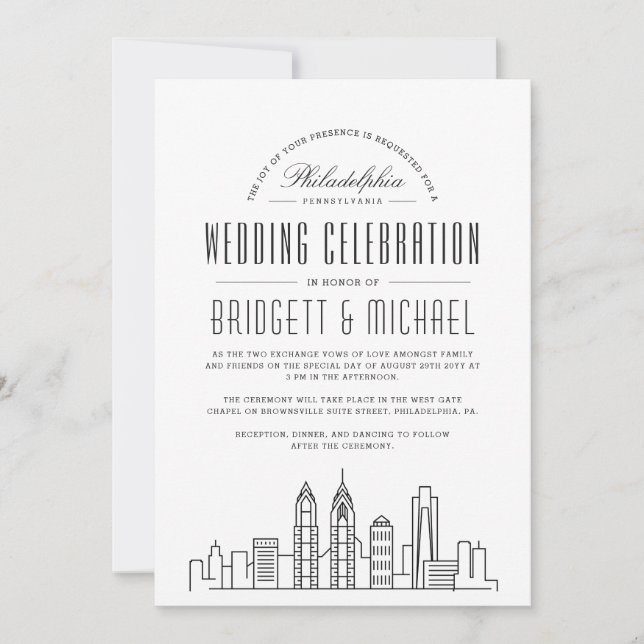 Philadelphia Wedding | Modern Deko City Skyline Einladung (Vorderseite)