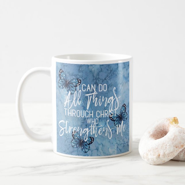 Philippians-4:13 Blau-Blumenmuster Kaffeetasse (Mit Donut)