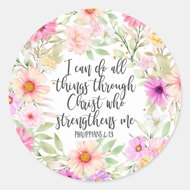 Philippinen 4:13 Bibelschrift Verse Floral Runder Aufkleber (Vorderseite)