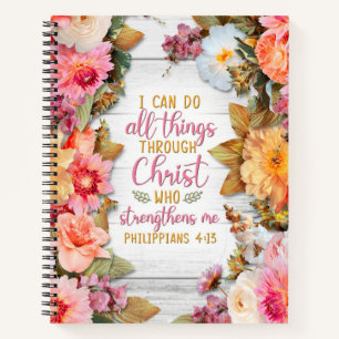 Philippinen 4:13 mit rosa Blume auf Holz Notizbuch