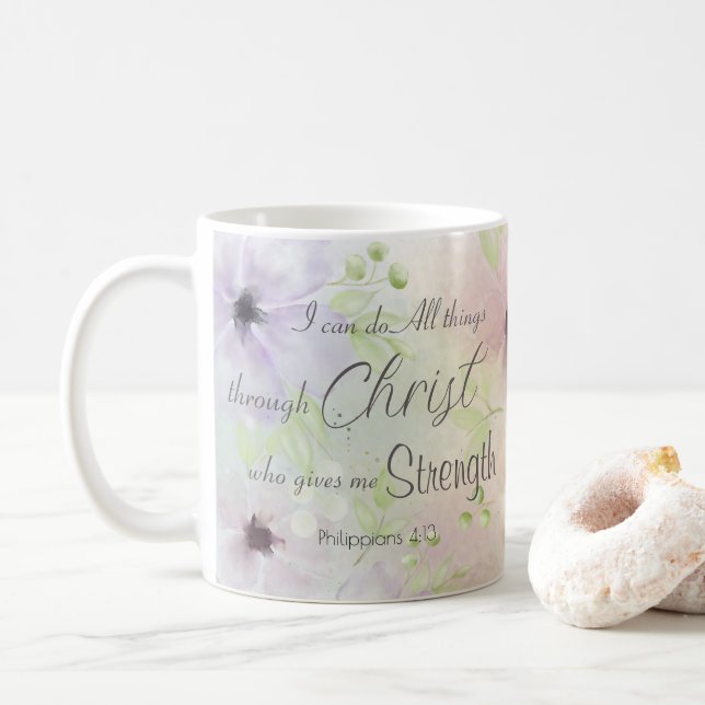 Philippinen 4:13 Religious Bible Verse Floral Kaffeetasse (Mit Donut)