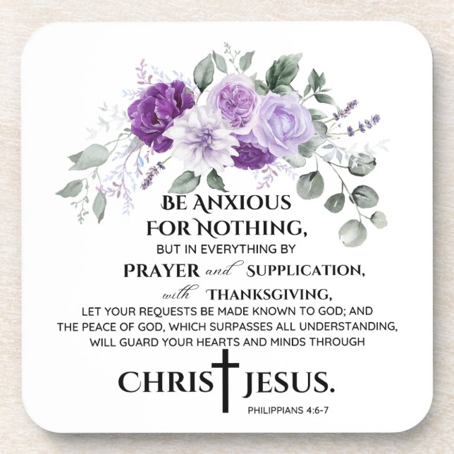 Philippinen 4:6-7 Schrift Purple Flowers Getränkeuntersetzer (Vorderseite)