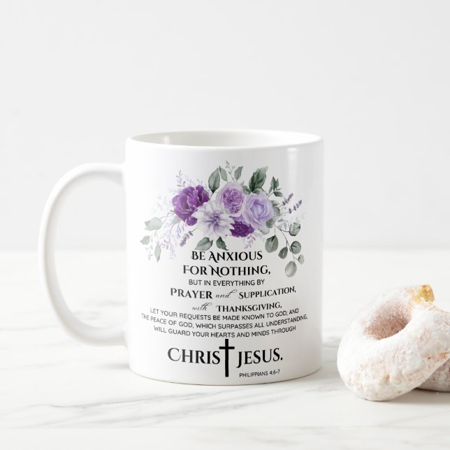 Philippinen 4:6-7 Schrift Purple Flowers Kaffeetasse (Mit Donut)