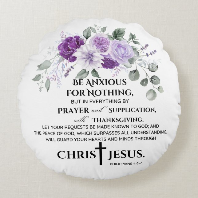 Philippinen 4:6-7 Schrift Purple Flowers Rundes Kissen (Vorderseite)