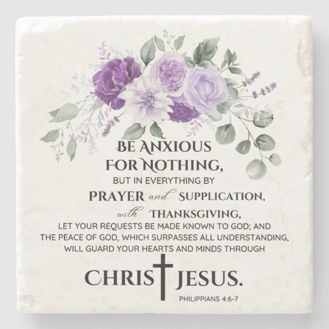 Philippinen 4:6-7 Schrift Purple Flowers Steinuntersetzer (Vorderseite)