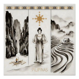Philippinen-El Nido & Reisterrassen-Tuschezeichnun Poster