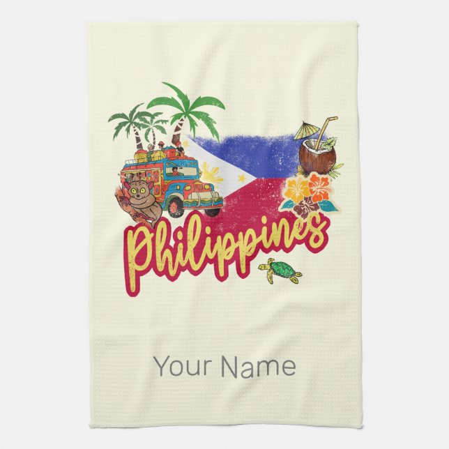Philippinen Vintage Tarsier Flag Palm Souvenir Geschirrtuch (Vertikal)