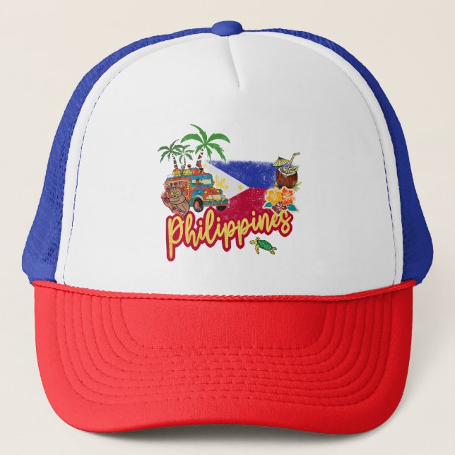 Philippinen Vintage Tarsier Flag Palm Souvenir Truckerkappe (Vorderseite)