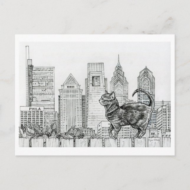 Philly Skyline - Cat on Fence Postcard Postkarte (Vorderseite)