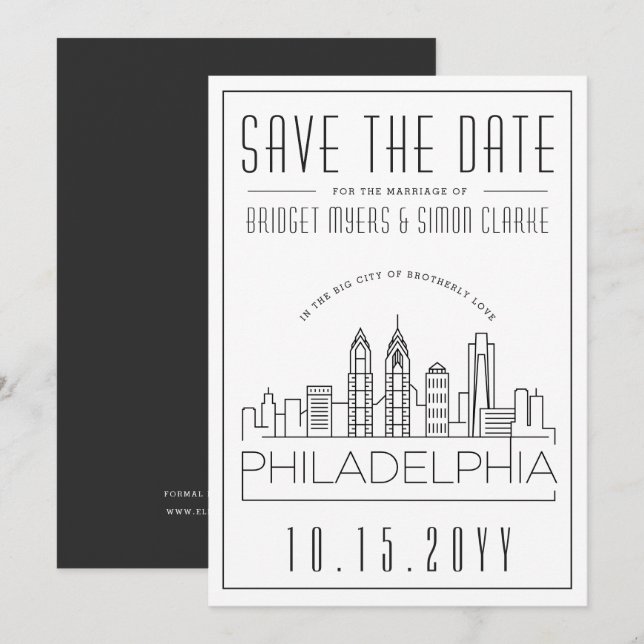 Philly Wedding | Stilisierte Skyline Save the Date Einladung (Vorne/Hinten)