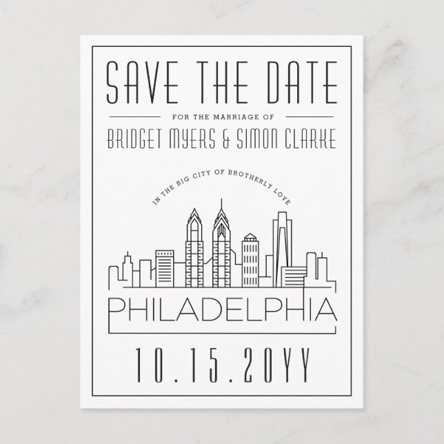 Philly Wedding | Stilisierte Skyline Save the Date Postkarte (Vorderseite)