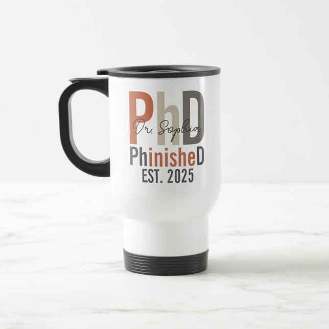 PhinisheD Personalisierter PhD-Abschluss-Geschenk Reisebecher (Links)