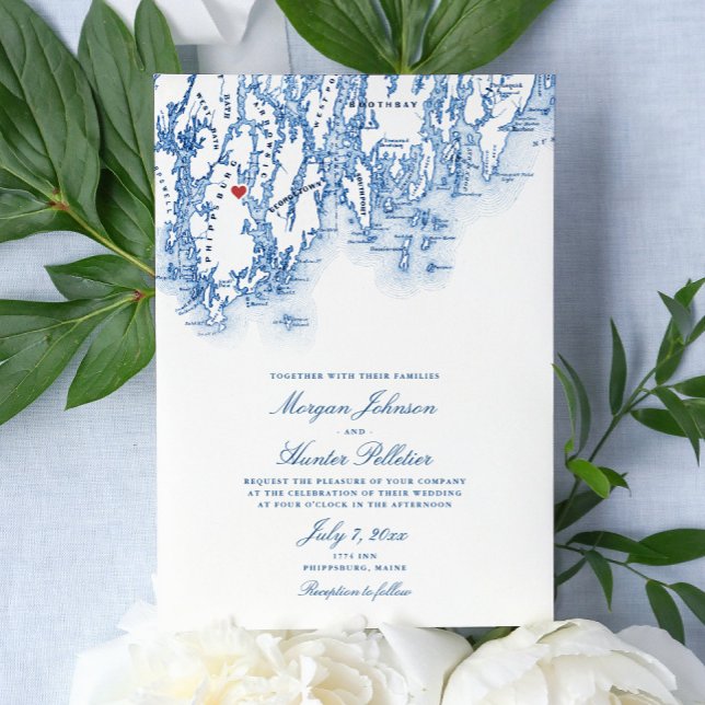 Phippsburg Maine Elegant Navy Map Wedding Einladung (Elegant nautical destination wedding invitation for your wedding at the 1774 Inn in Phippsburg Maine)