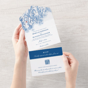 Phippsburg Maine Elegante Navy QR Hochzeit All In One Einladung