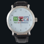Phlebotomist Peace Liebe Phlebotomy Office Armbanduhr<br><div class="desc">Ein cooles Phlebotomist Armbanduhr Weihnachtsgeschenk für einen Blutexperten zeichne und Nadeln. Ein Friedenszeichen,  Herz und Durchstechflaschen aus Blut. Peace Liebe Phlebotomy watch.</div>