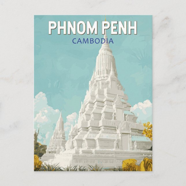 Phnom Penh Cambodia Illustration Travel Art Retro Postkarte (Vorderseite)