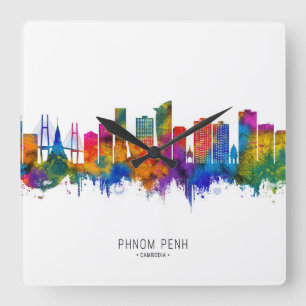Phnom Penh Cambodia Skyline Quadratische Wanduhr