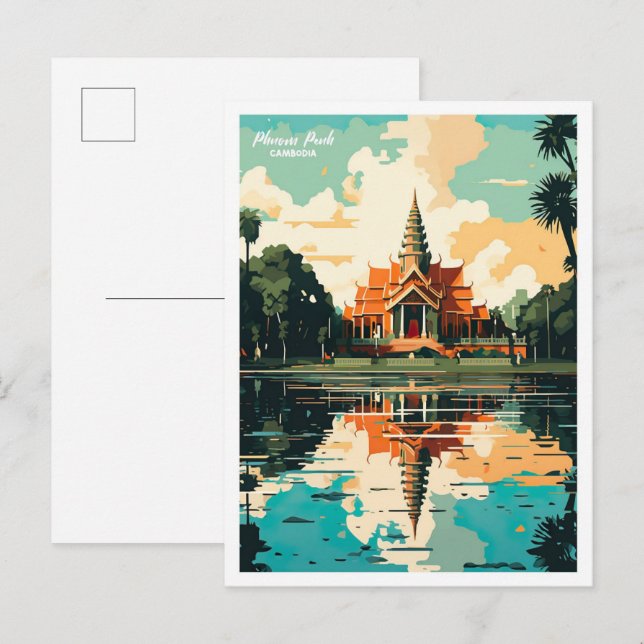 Phnom Penh Cambodia Vintage Travel Illustration Postkarte (Vorne/Hinten)