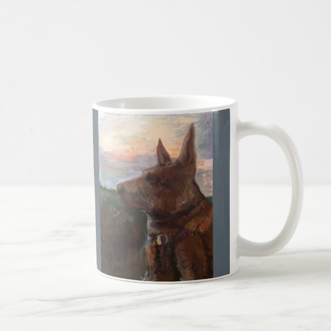 "Phoebe Hund im Sonnenuntergang" Malerei auf einer Kaffeetasse (Rechts)